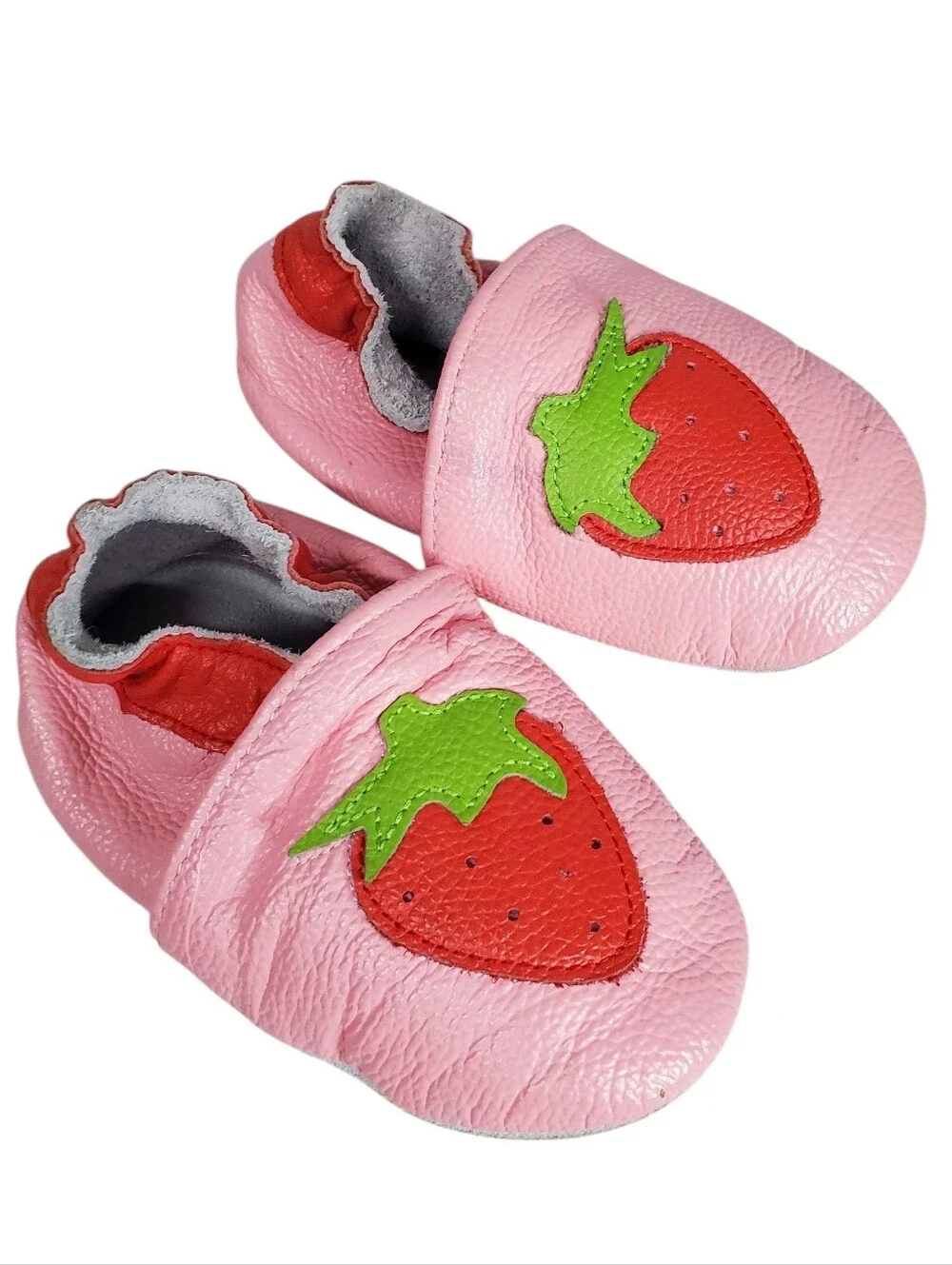 Strawberry Baby Shoes - Soft Leather Slip-Ons Pink With Red Strawberry